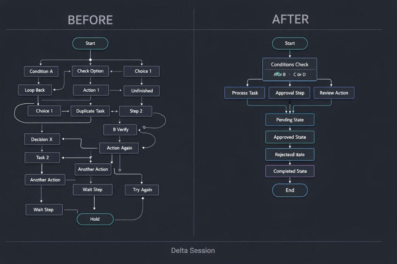 A dark presentation slide or poster comparing a 'BEFORE' flowchart on the left and an 'AFTER' flowchart on the right, with the text 'Delta Session' at the bottom.