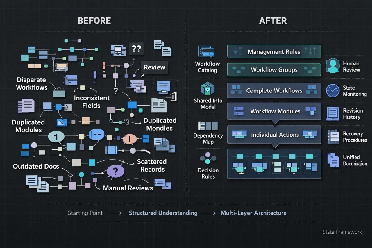 A dark infographic comparing a messy 'BEFORE' workflow state with a structured 'AFTER' multi-layer architecture. The left side shows tangled process diagrams with labeled nodes like disparate workflows, duplicated modules, and manual reviews.
