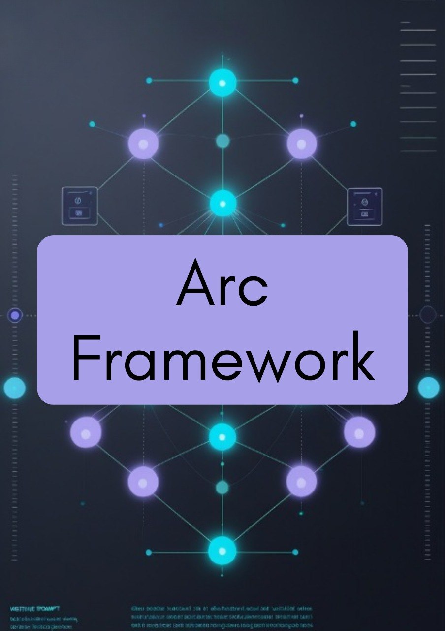 A digital cover graphic for 'Arc Framework' featuring a central lavender-purple rounded rectangle with black text, set against a dark gray background decorated with glowing cyan and purple network nodes and lines.