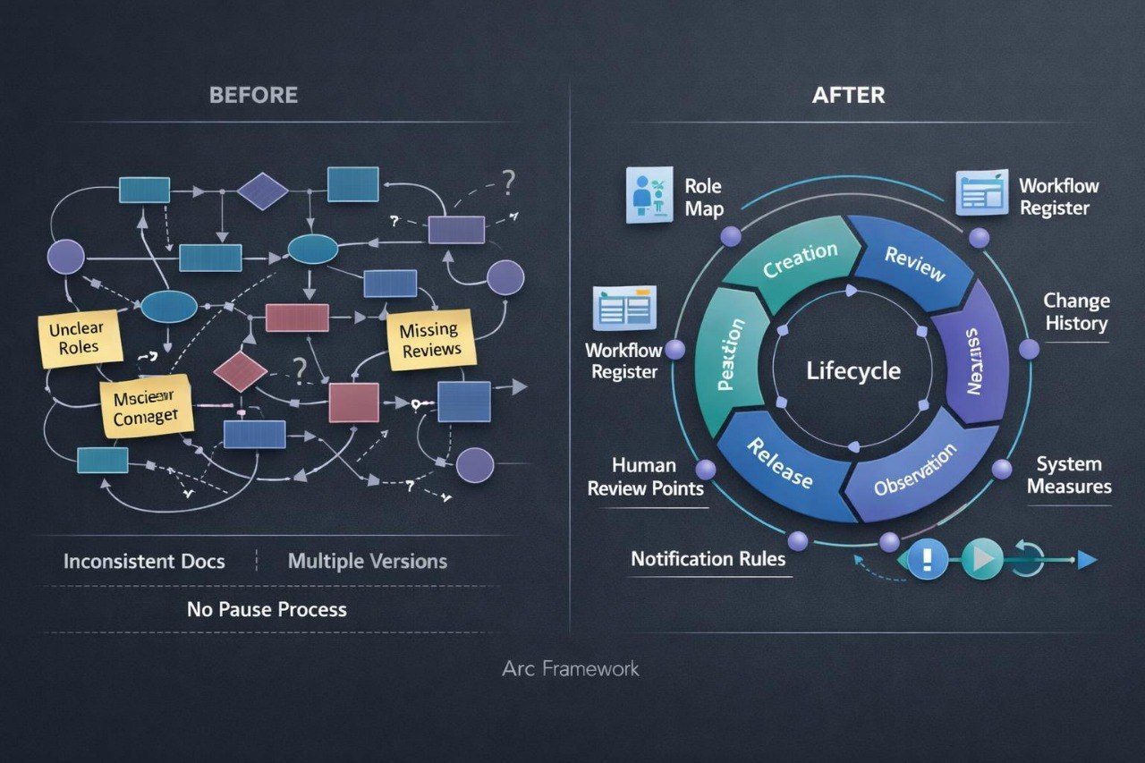 A dark presentation-style graphic comparing a 'Before' state with an 'After' state using a workflow/lifecycle diagram. The left panel shows a tangled process diagram with labeled boxes such as unclear roles, missing reviews, and inconsistent docs.