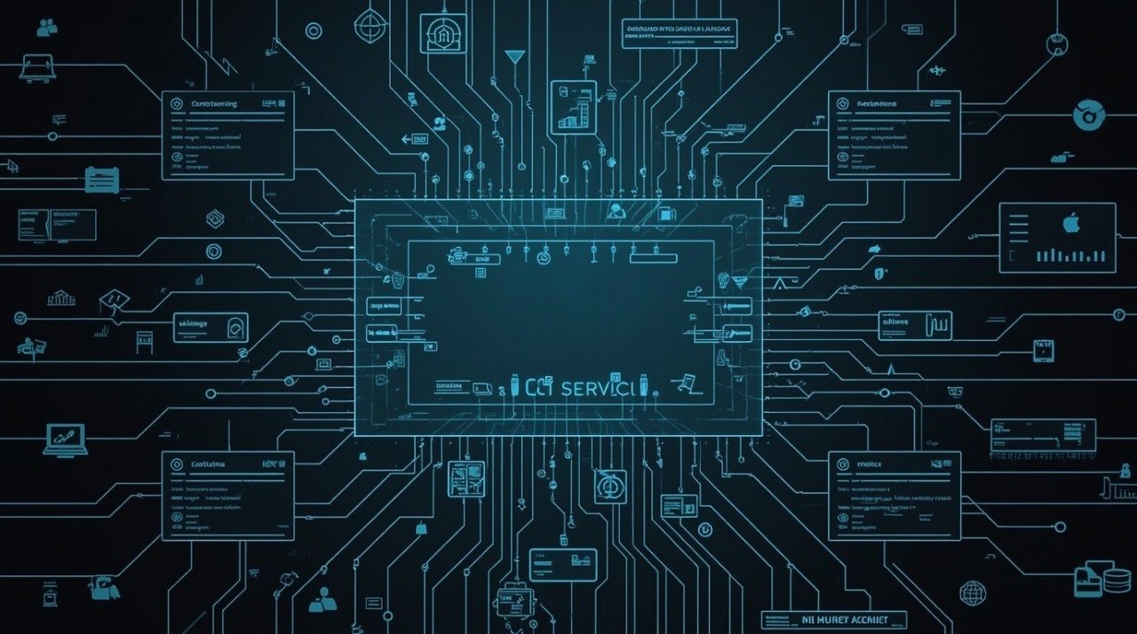 Digital graphic of a glowing blue circuit board and microchip design on a dark background, with various tech icons and the word 'SERVCI' in the center.