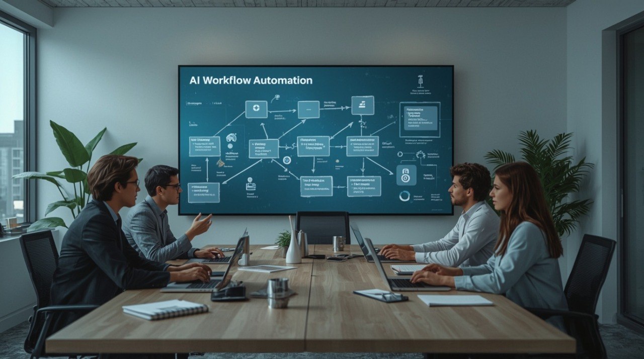 A group of four professionals seated around a wooden conference table in a modern office, looking at a large wall-mounted screen displaying an AI workflow automation diagram.