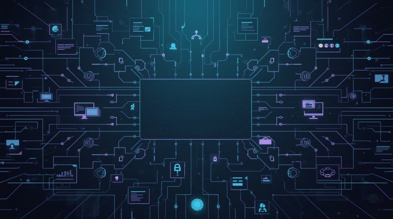 A digital graphic of a dark blue circuit board pattern with glowing cyan and purple lines, icons, and a large blank black rectangle in the center.