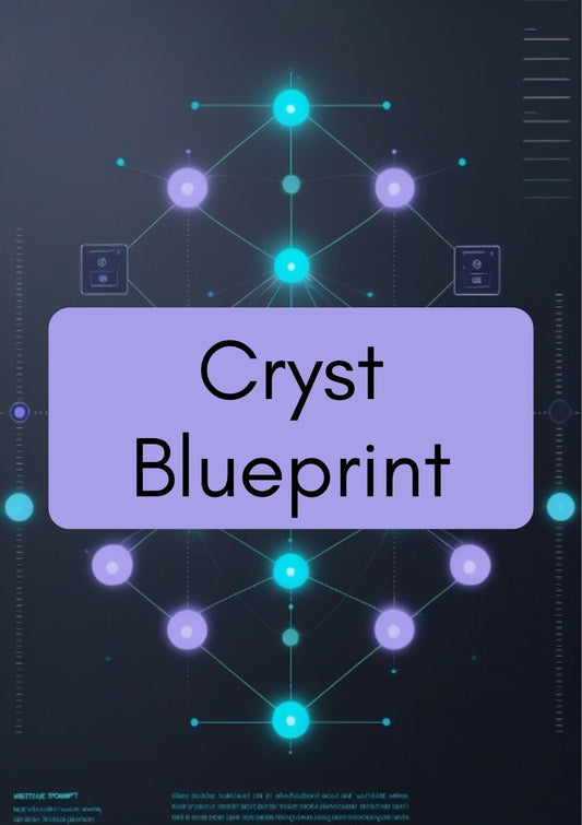 A digital cover or graphic for 'Cryst Blueprint' featuring a dark gray background with a glowing cyan and purple network diagram of geometric crystals. A large lavender-blue rounded rectangle in the center contains the text 'Cryst Blueprint' in black.