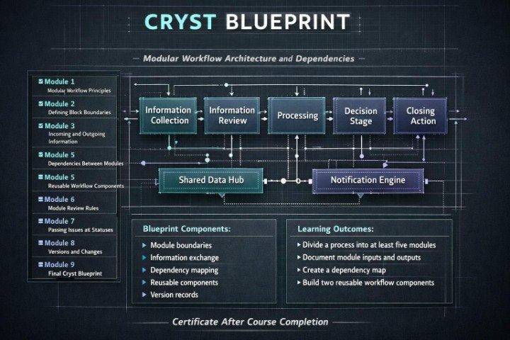 A dark digital infographic titled 'CRYST BLUEPRINT' showing a modular workflow architecture diagram with boxes for Information Collection, Information Review, Processing, Decision Stage, Closing Action, Shared Data Hub, and Notification Engine, plus side panels listing modules and learning outcomes.