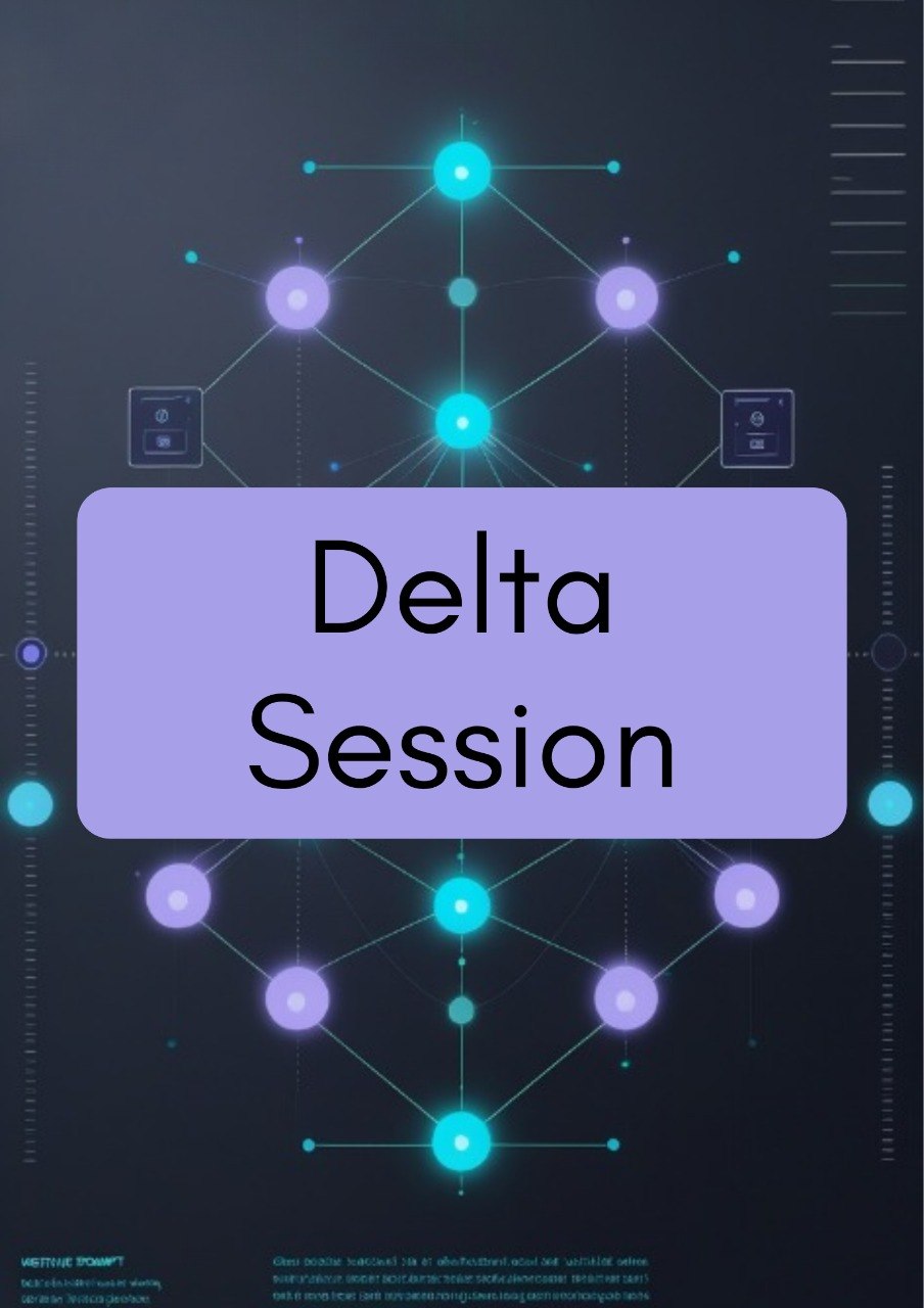 A digital graphic with the words 'Delta Session' in black text inside a lavender rounded rectangle, centered over a dark abstract network diagram with glowing cyan and lavender nodes.