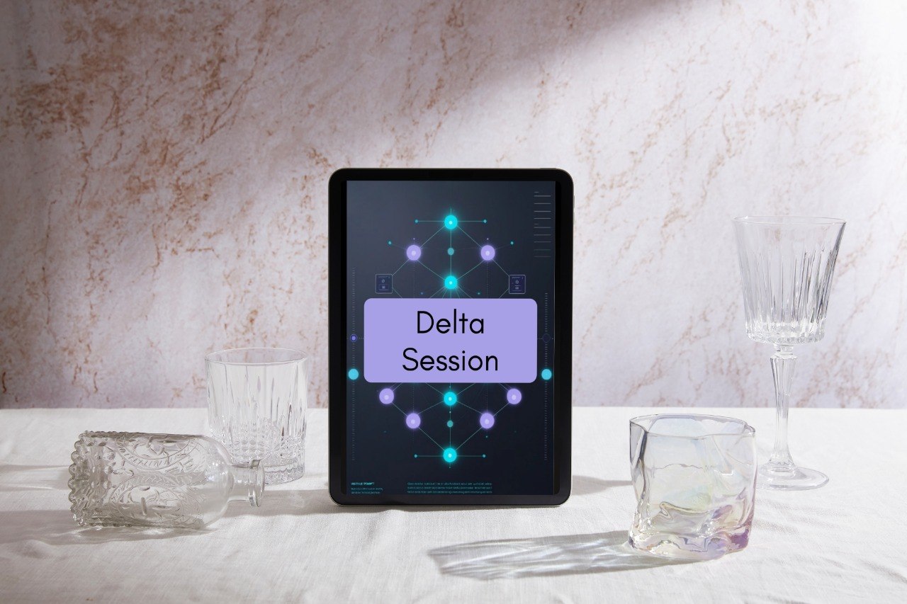 A tablet device standing upright on a white surface, displaying a purple screen with the text 'Delta Session' and a glowing geometric network graphic. The tablet is styled in a bar-like setting with clear drinking glasses and a glass bottle around it against a textured beige marble wall.