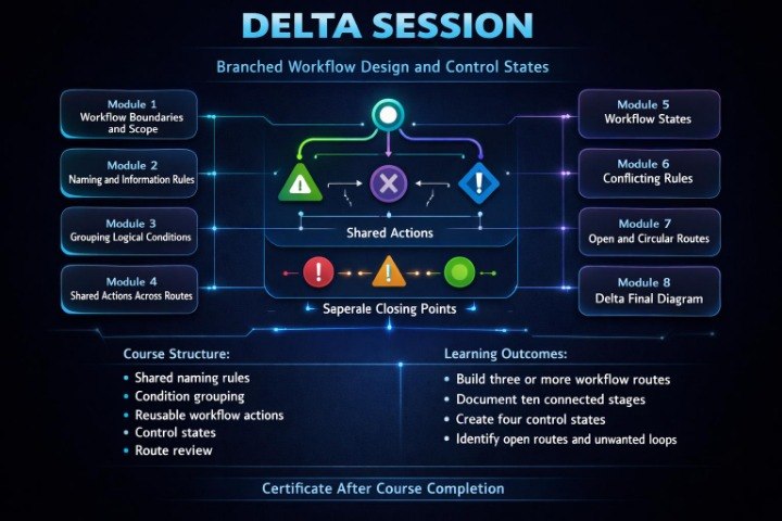 A digital infographic titled 'DELTA SESSION' showing a workflow design and control states diagram with labeled modules, shared actions, separate closing points, course structure, and learning outcomes on a dark blue background.