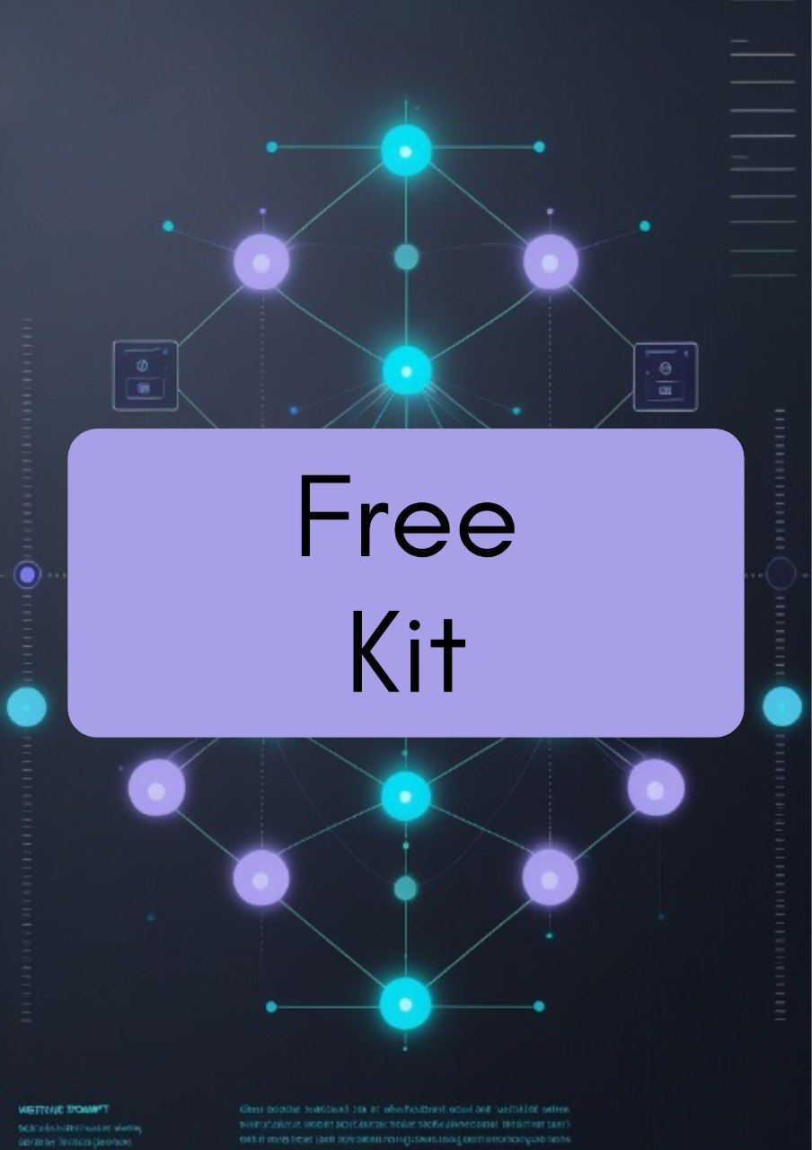 A digital promotional graphic with a large lavender rectangle in the center containing the words 'Free Kit' in black text, set against a dark abstract background with glowing cyan and purple geometric nodes and lines.