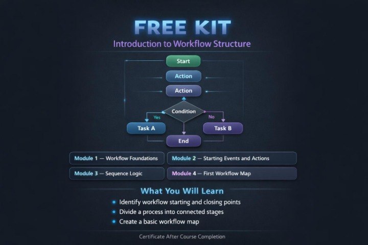 A digital course cover for a 'FREE KIT' introduction to workflow structure, featuring a flowchart diagram with green, blue, and purple boxes on a dark textured background.