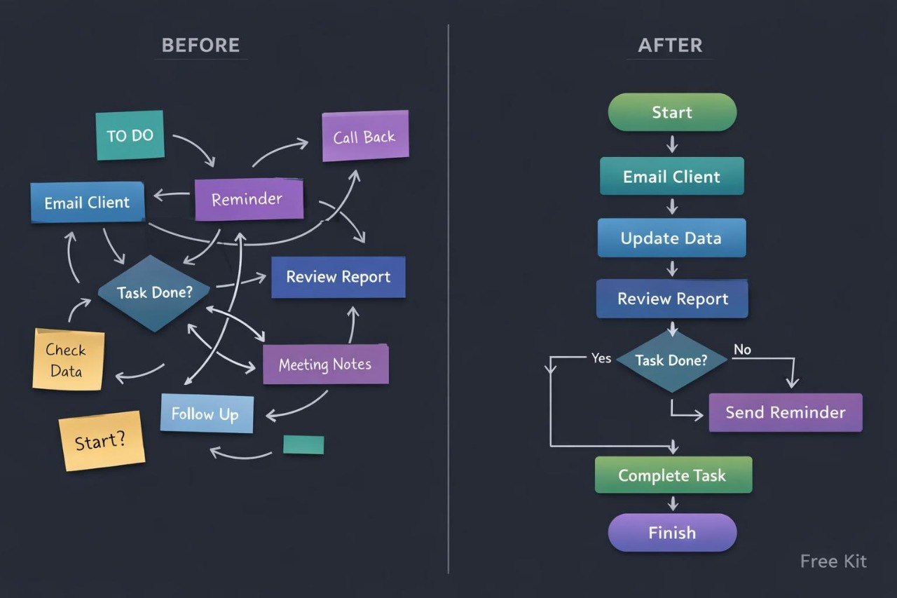 A before-and-after flowchart comparison on a dark background, showing workflow steps from task management. The left side labeled BEFORE shows a loose, hand-drawn style process with boxes such as To Do, Reminder, Email Client, Review Report, and Check Data.