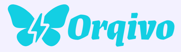 A light blue logo featuring a stylized butterfly shape with a lightning bolt inside, next to the word 'Orqivo' in matching light blue text on a pale lavender background.