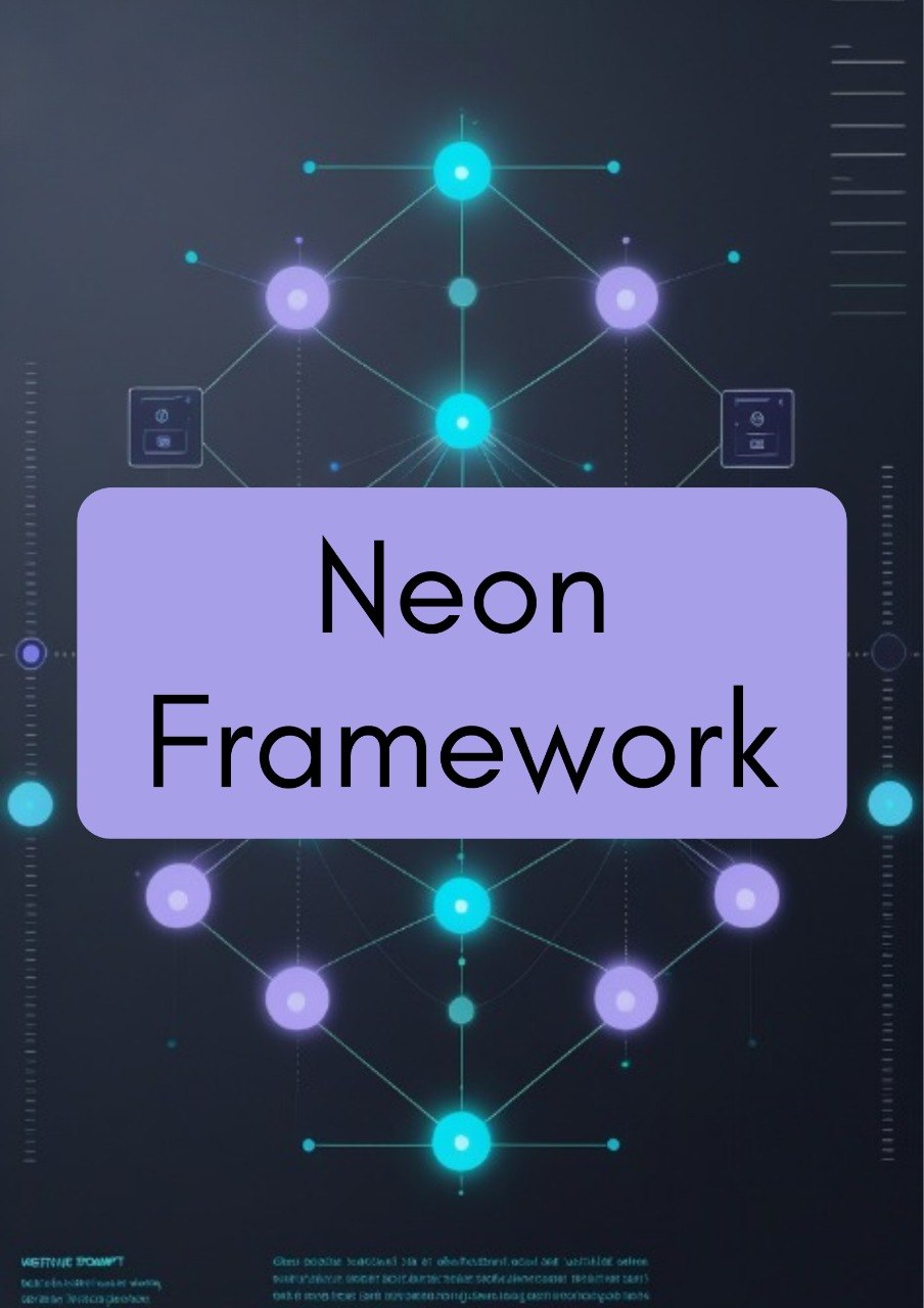 A digital cover or graphic for 'Neon Framework' featuring a dark gray background with a glowing cyan and purple network diagram, centered around a lavender rectangular title block with the text 'Neon Framework' in black.