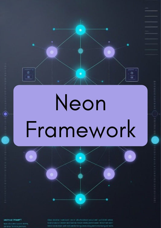 A digital cover or graphic for 'Neon Framework' featuring a dark gray background with a glowing cyan and purple network diagram, centered around a lavender rectangular title block with the text 'Neon Framework' in black.