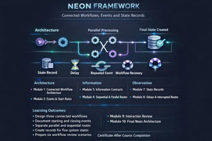 A dark blue infographic titled 'NEON FRAMEWORK' showing a workflow and event processing diagram with icons, labels such as Architecture, Parallel Processing, Final State Created, State Record, Delay, Repeated Event, Workflow Recovery, and Observation, plus learning outcomes and a certificate after course completion.