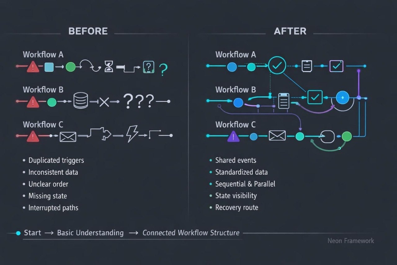 A dark-themed infographic comparing workflow diagrams labeled BEFORE and AFTER, with Workflow A, B, and C shown using colored connectors and shapes. Text on the left lists issues like duplicated triggers and inconsistent data, while the right lists improvements such as shared events and state visibility.