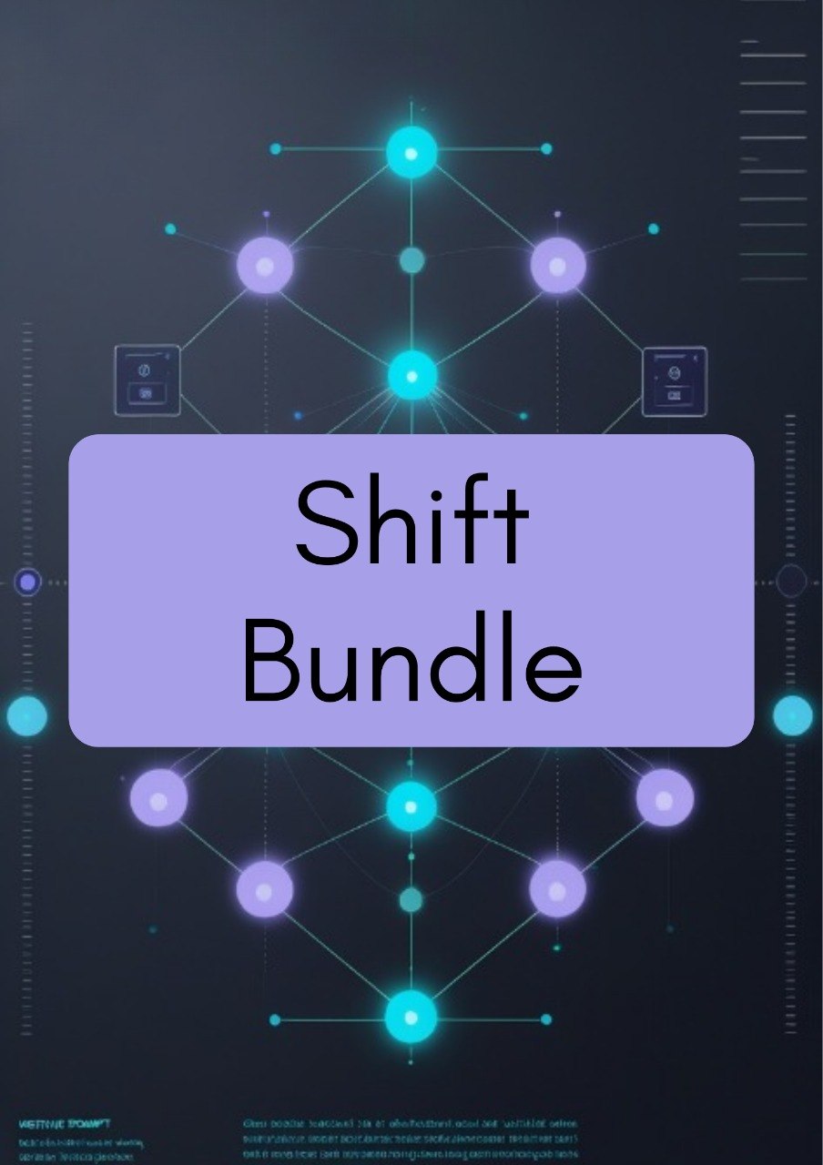 Digital graphic banner for a 'Shift Bundle' featuring a central lavender-purple rounded rectangle with black text, set against a dark gray background with glowing cyan and purple network node graphics.