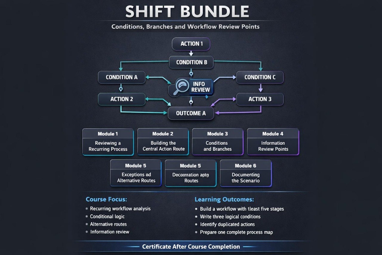 A dark navy digital graphic titled 'SHIFT BUNDLE' explaining conditions, branches, and workflow review points with flowcharts, labeled modules, course focus, learning outcomes, and a certificate after course completion banner.