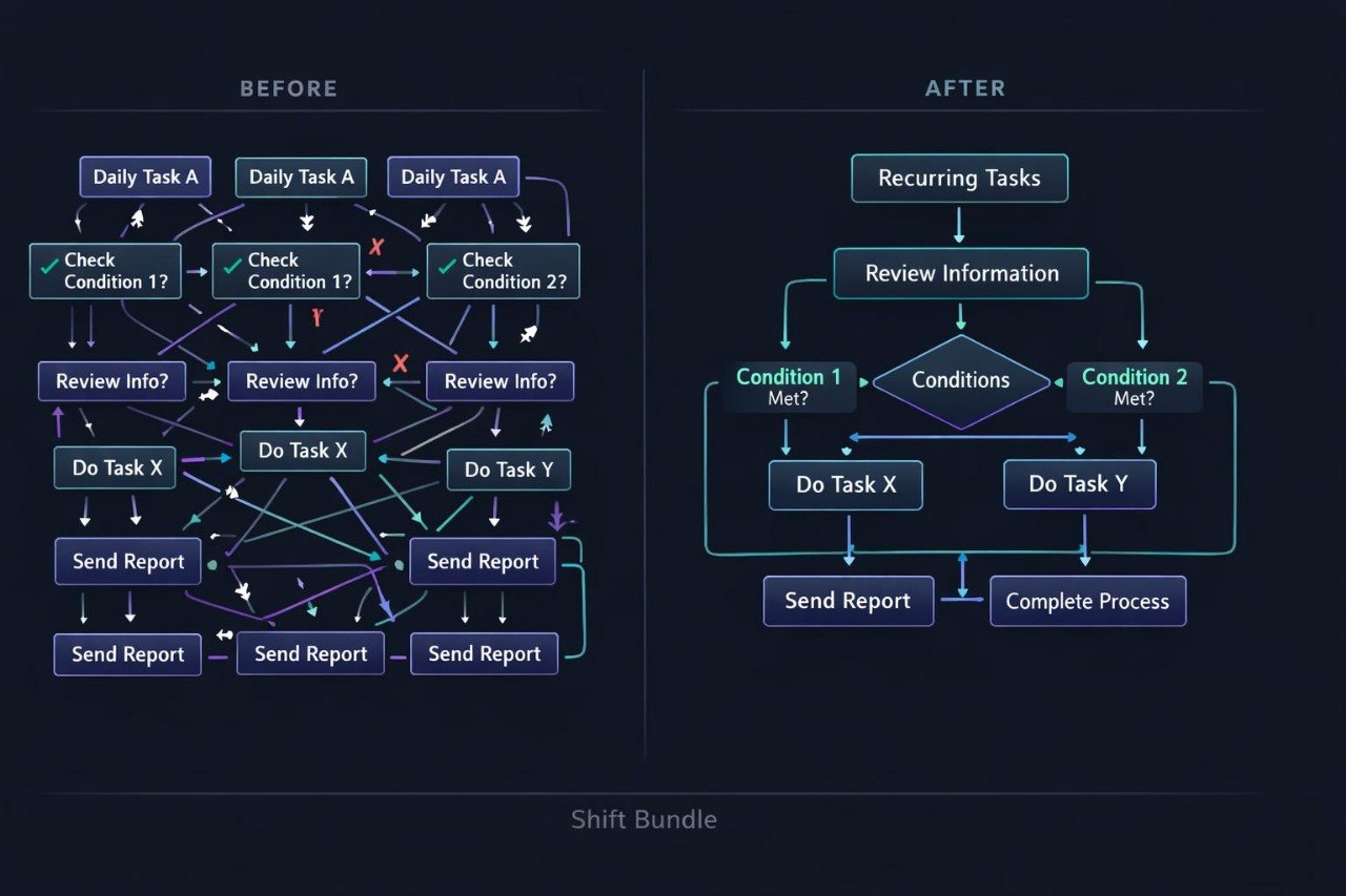 A dark-themed before-and-after flowchart comparison labeled 'BEFORE' and 'AFTER' with 'Shift Bundle' at the bottom. The left side shows a complex workflow diagram with many boxes and arrows in blue, purple, pink, and red.