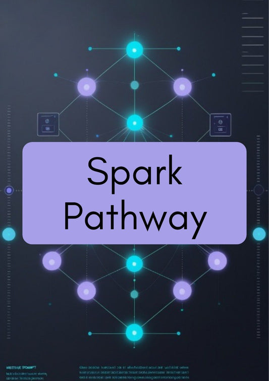 A digital graphic poster with the text 'Spark Pathway' in black sans-serif font inside a lavender-purple rounded rectangle. The background is a very dark charcoal/black with a glowing cyan and purple network or molecular diagram.