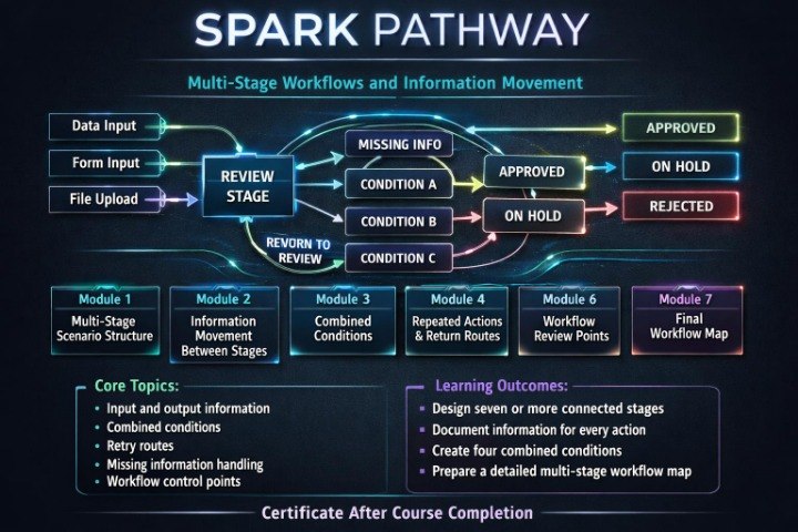 An infographic titled 'SPARK PATHWAY' showing a multi-stage workflow and information movement diagram with boxes, arrows, and colored labels on a dark background.