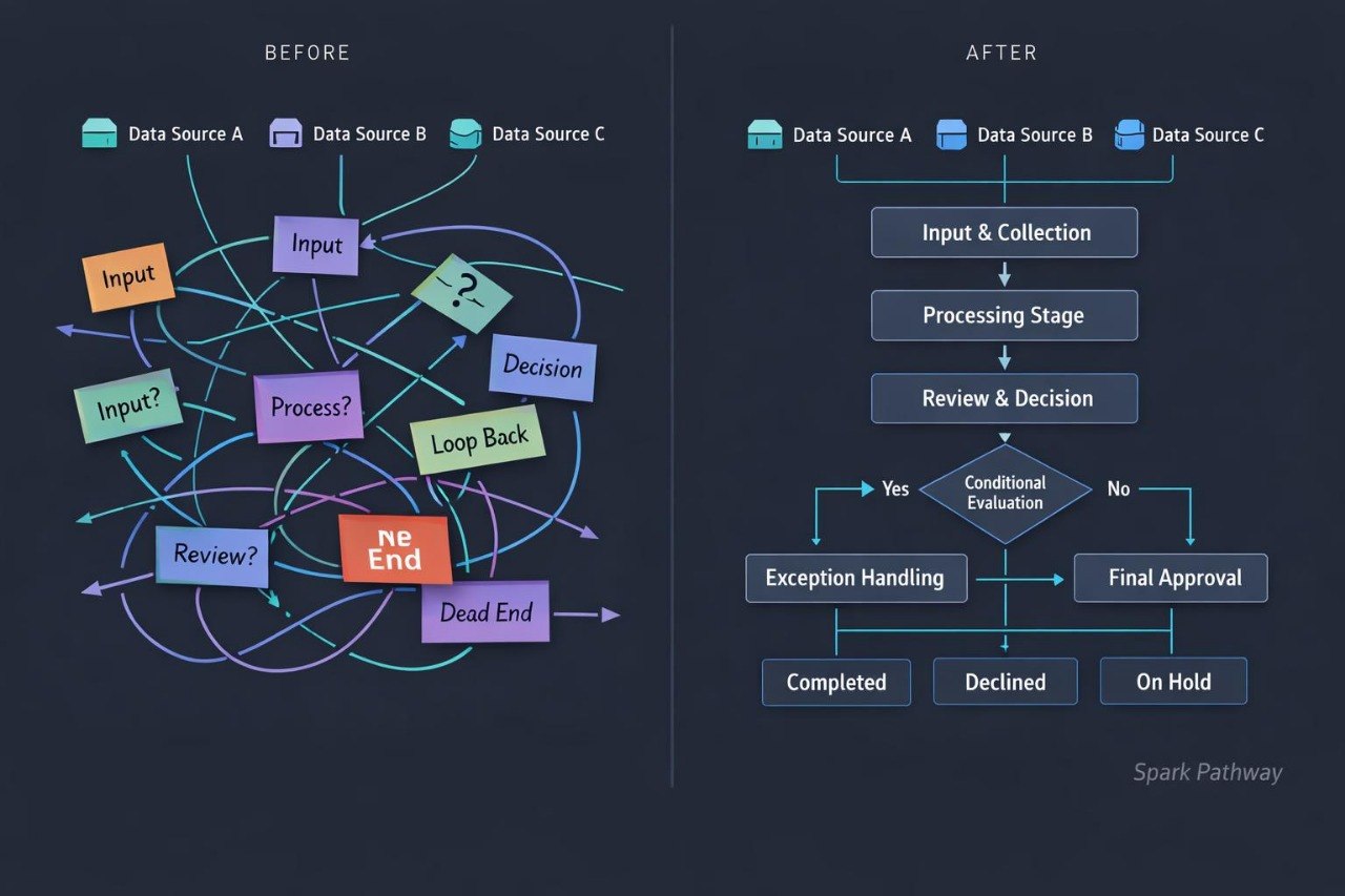 A dark infographic comparing a chaotic 'Before' process flow with a structured 'After' process flow. The left side shows tangled purple, blue, green, and orange arrows with labeled boxes like Input, Review, Loop Back, and Dead End.