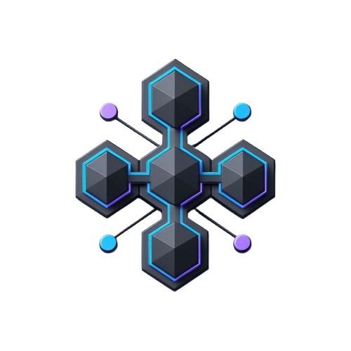 A stylized digital icon of a futuristic cross-shaped geometric emblem with dark gray facets and glowing blue and purple outlines on a white background.