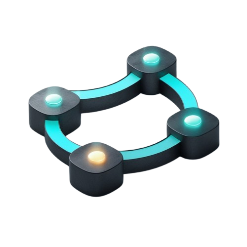 A futuristic circular device with four dark gray square nodes connected by glowing cyan curved bands, each node featuring a circular light that is illuminated in a different color, shown on a solid white background.