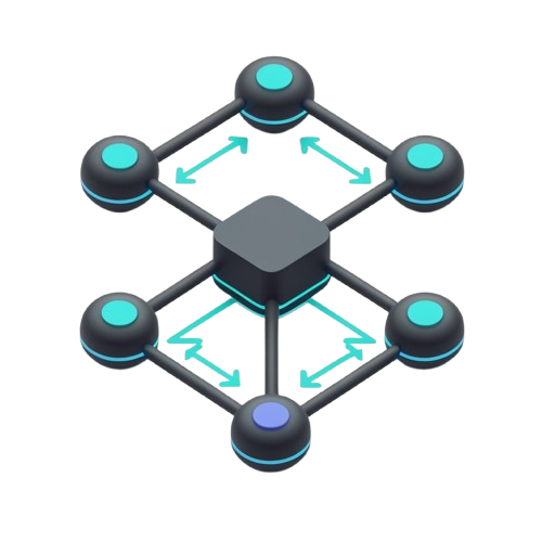 A stylized 3D network or circuit diagram on a white background, featuring a central dark gray square connected to six circular nodes with cyan and purple accents, plus cyan arrows indicating flow.
