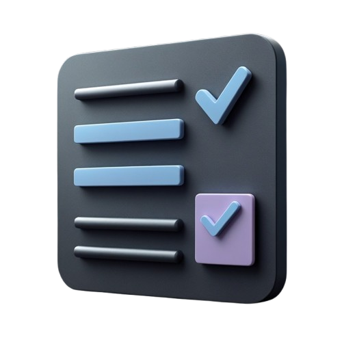 A 3D digital icon of a checklist with gray and light blue lines and checkmarks on a dark gray rounded square, isolated on a white background.
