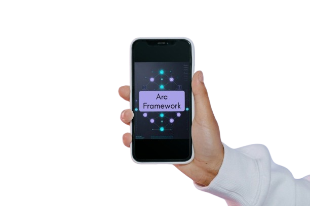 A hand holding a smartphone with a white case, displaying the Arc Framework logo on the screen against a plain white background.