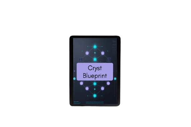 A black rectangular tablet or monitor centered on a white background, displaying a digital interface with the text 'Cryst Blueprint' on a purple panel.