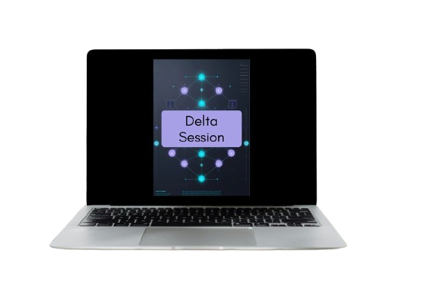 A silver laptop with a black screen displaying a digital course or presentation titled 'Delta Session' on a plain white background.
